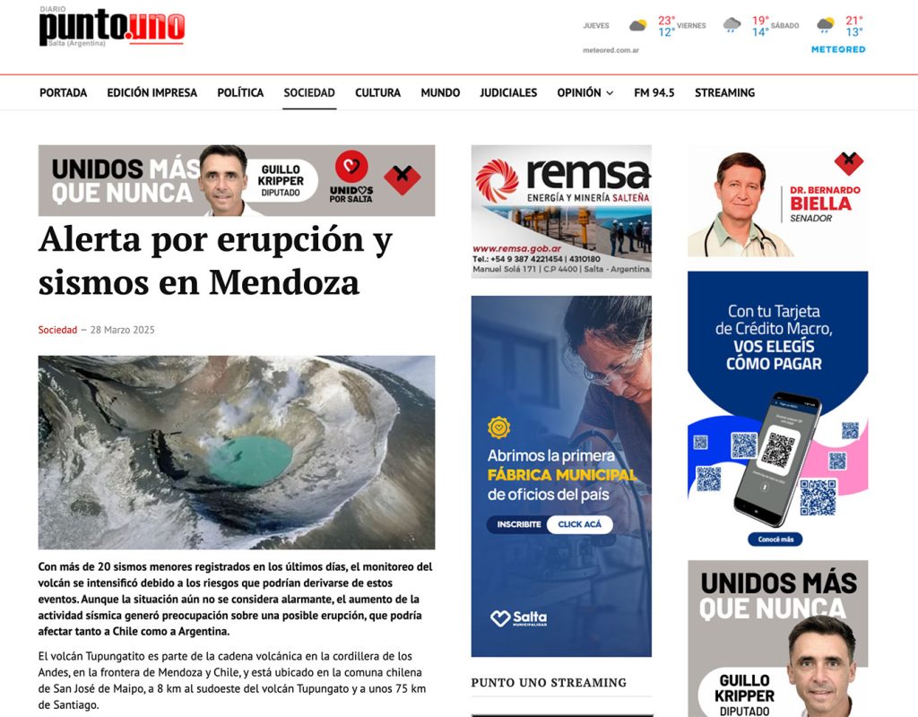 Diario Punto Uno: «Alerta por erupción y sismos en Mendoza»