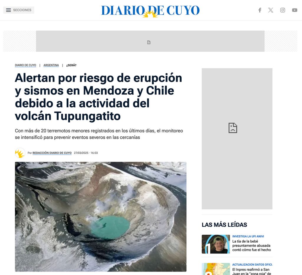 Diario de Cuyo: «Alertan por riesgo de erupción y sismos en Mendoza y Chile debido a la actividad del volcán Tupungatito»