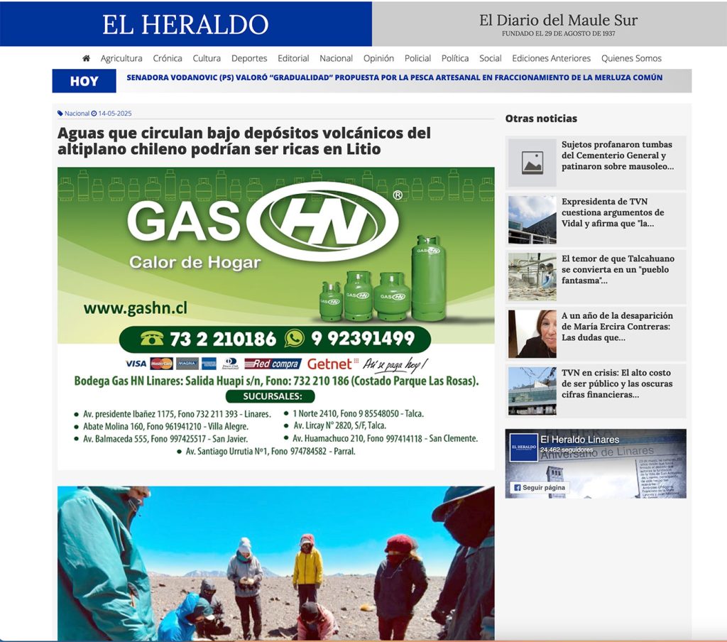 Diario El Heraldo: «Aguas que circulan bajo depósitos volcánicos del altiplano chileno podrían ser ricas en Litio»
