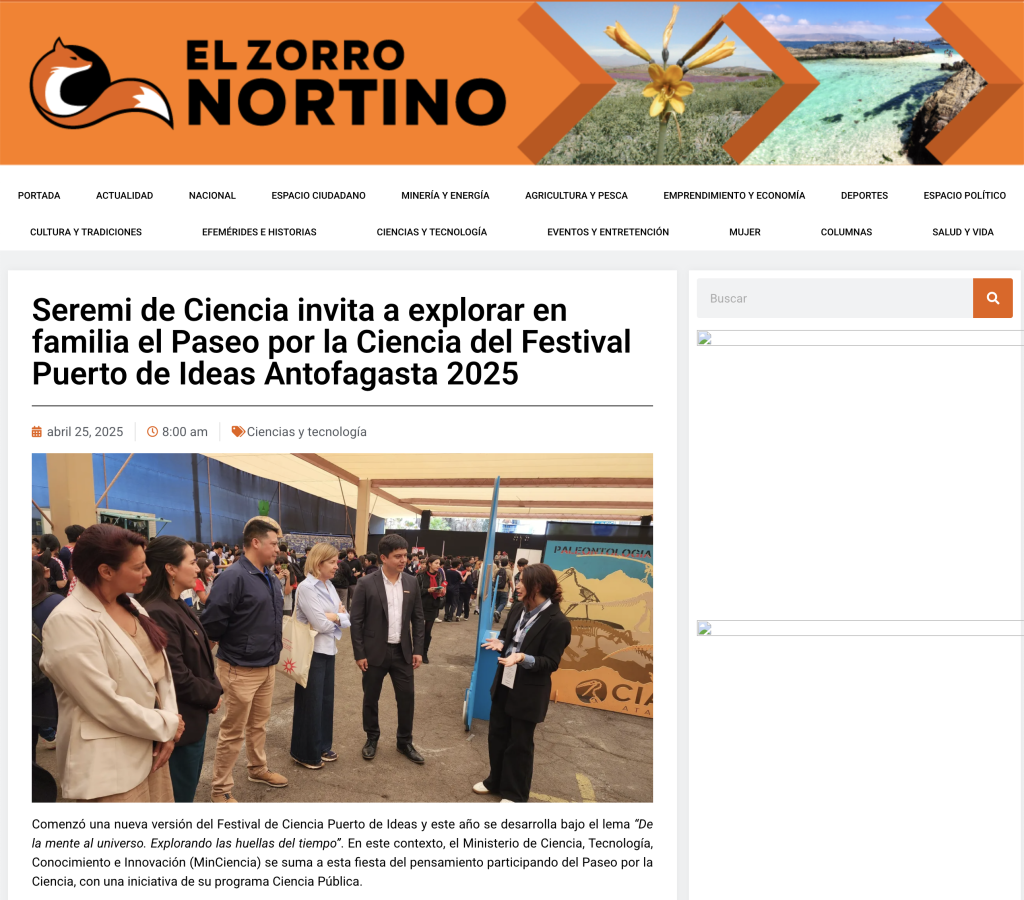 El Zorrón Nortino: «Seremi de Ciencia invita a explorar en familia el Paseo por la Ciencia del Festival Puerto de Ideas Antofagasta 2025»