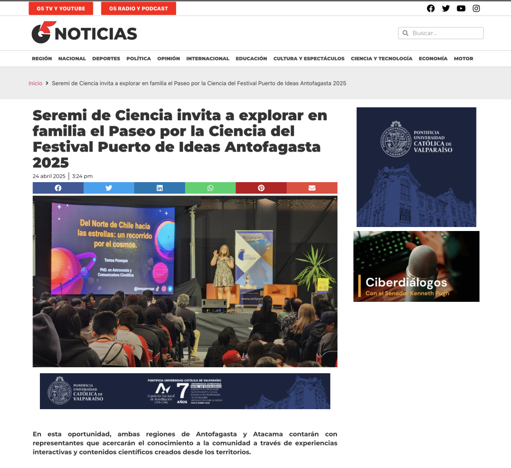 G5 Noticias: «Seremi de Ciencia invita a explorar en familia el Paseo por la Ciencia del Festival Puerto de Ideas Antofagasta 2025»