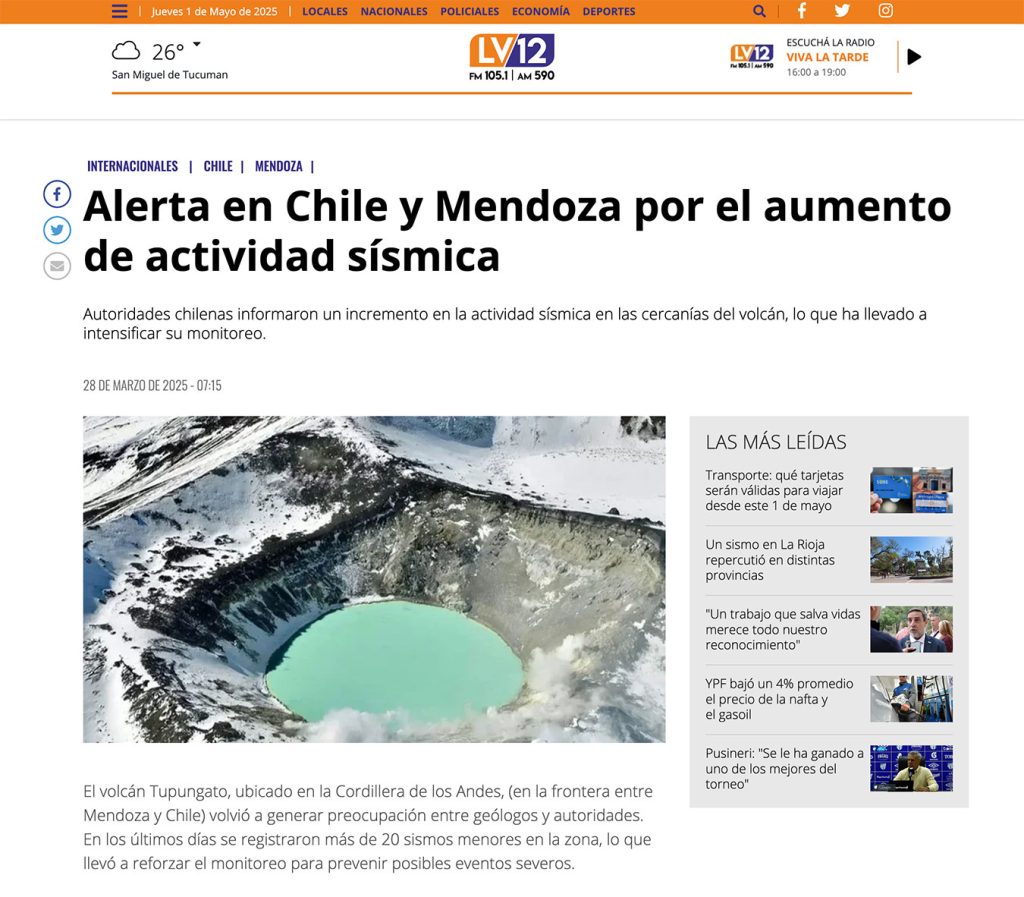 LV12: «Alerta en Chile y Mendoza por el aumento de actividad sísmica»