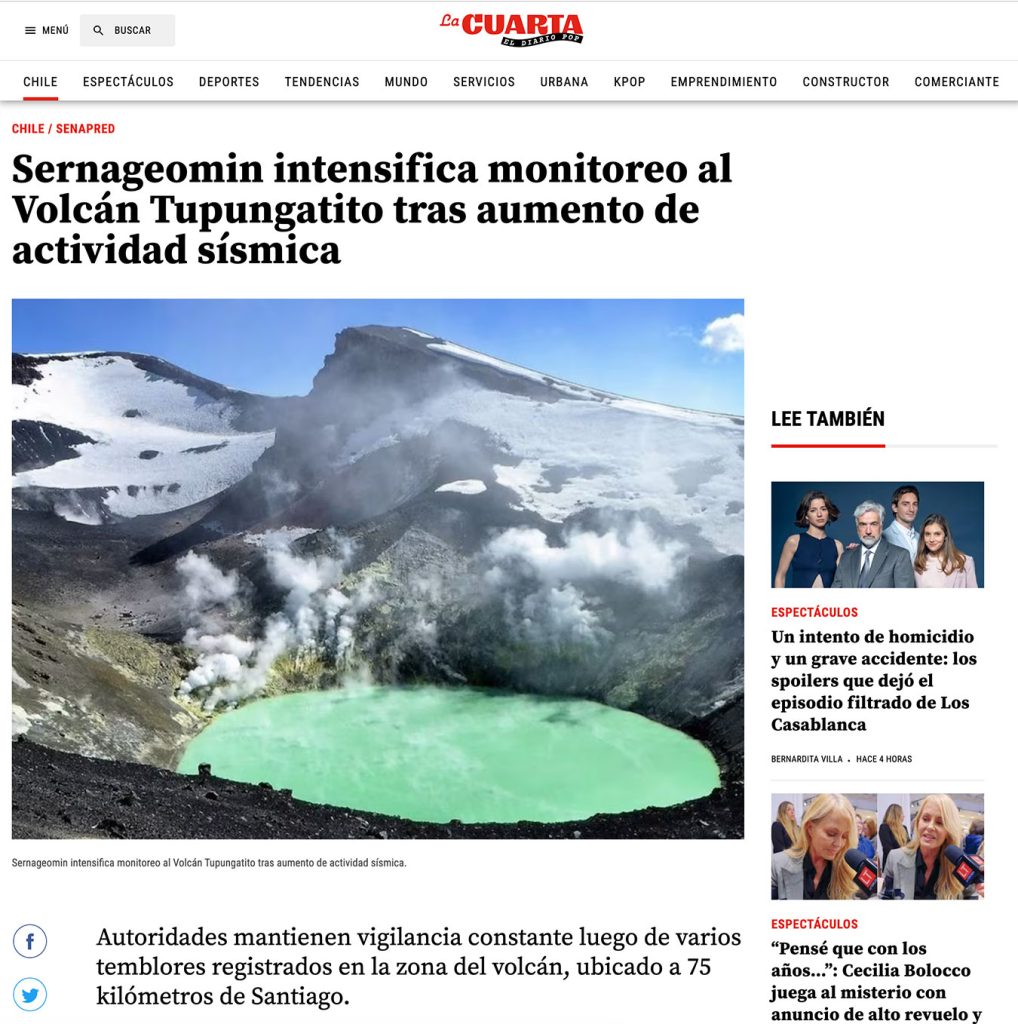 La Cuarta: «Sernageomin intensifica monitoreo al volcán Tupungatito tras aumento de actividad sismica»