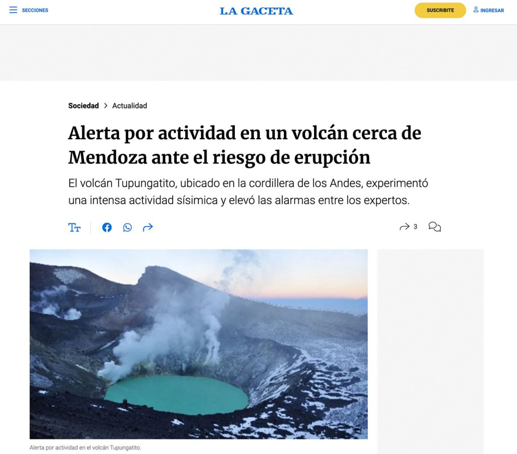 La Gaceta: «Alerta por actividad en un volcán cerca de Mendoza ante el riesgo de erupción»