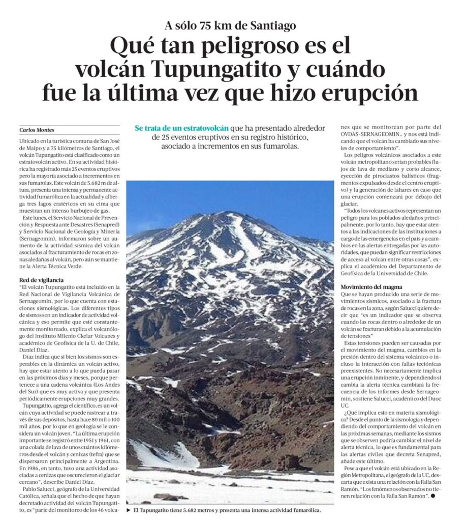 La Tercera: «Qué tan peligroso es el volcán Tupungatito y cuándo fue la última vez que hizo erupción»