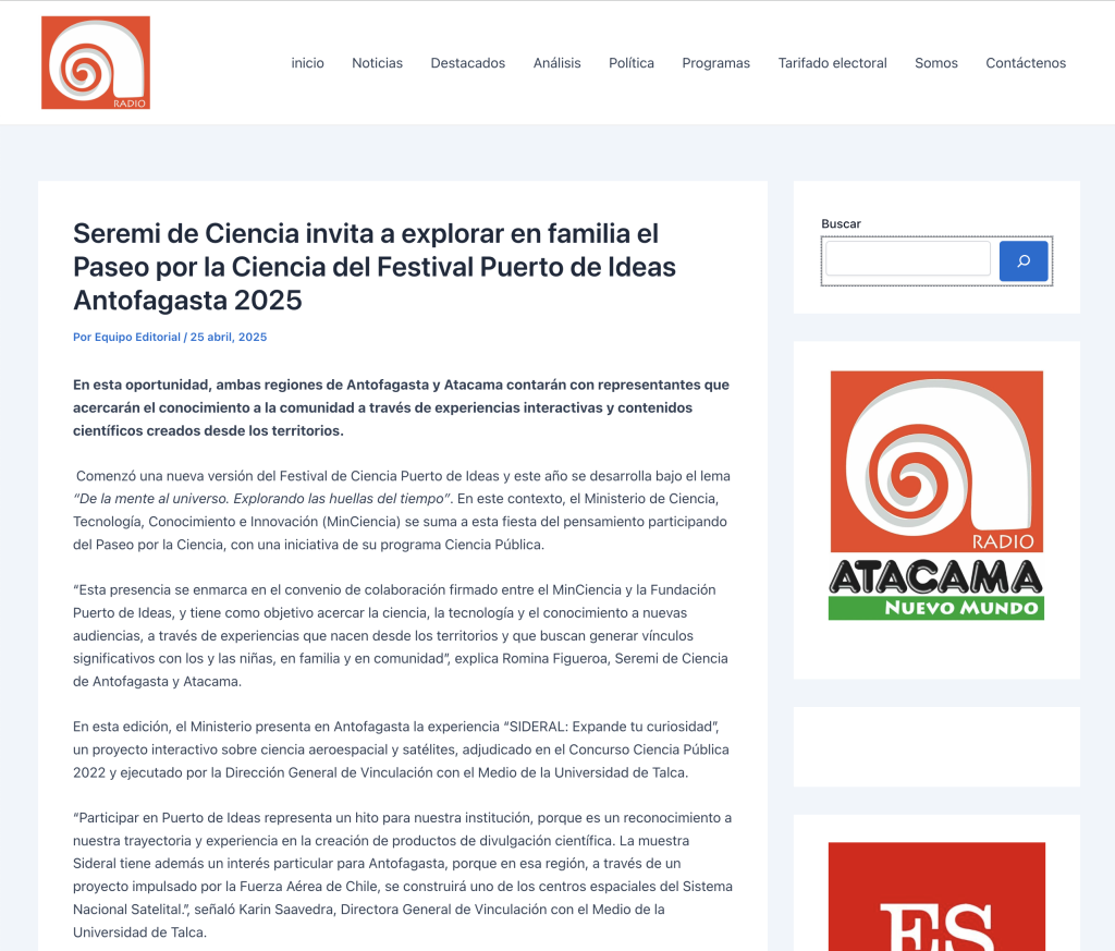 Radio Atacama Nuevo Mundo: «Seremi de Ciencia invita a explorar en familia el Paseo por la Ciencia del Festival Puerto de Ideas Antofagasta 2025»