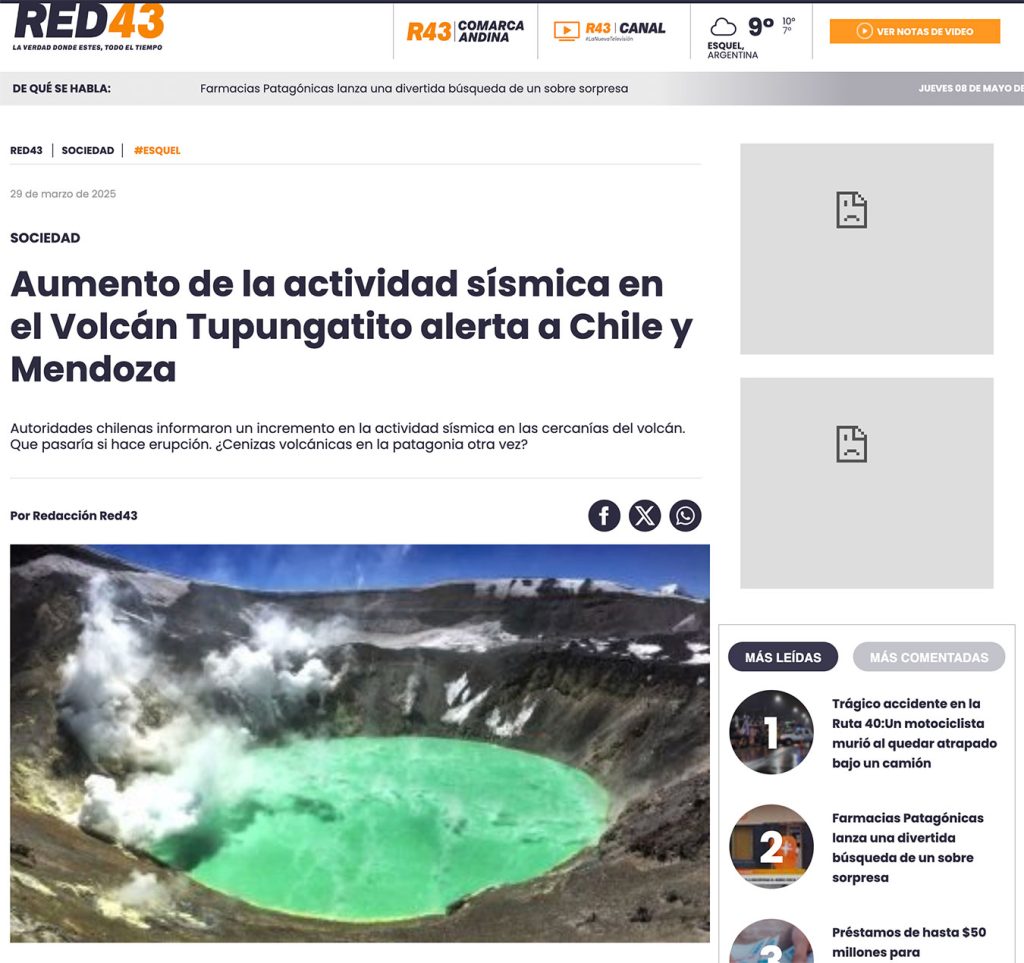 Red 43: «Aumento de la actividad sísmica en el Volcán Tupungatito alerta a Chile y Mendoza»