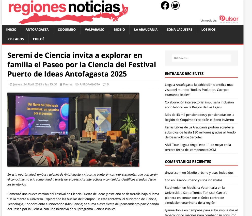 Regiones Noticias: «Seremi de Ciencia invita a explorar en familia el Paseo por la Ciencia del Festival Puerto de Ideas Antofagasta 2025»