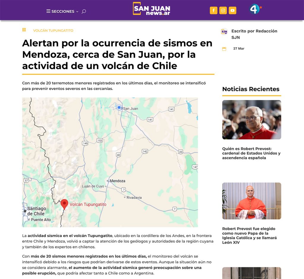 San Juan News: «Alertan por la ocurrencia de sismos en Mendoza, cerca de San Juan, por la actividad de un volcán de Chile»