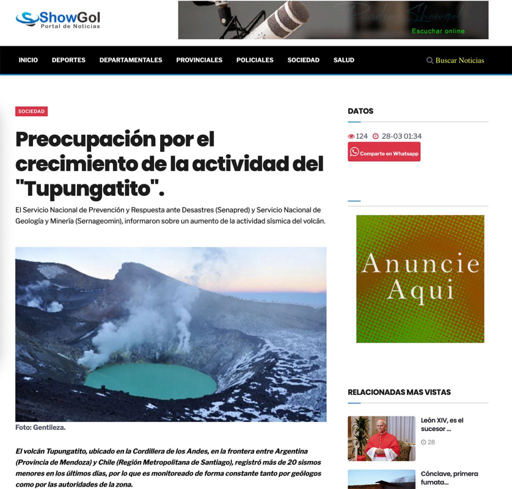 Show gol: «Preocupación por el crecimiento de la actividad del «Tupungatito»