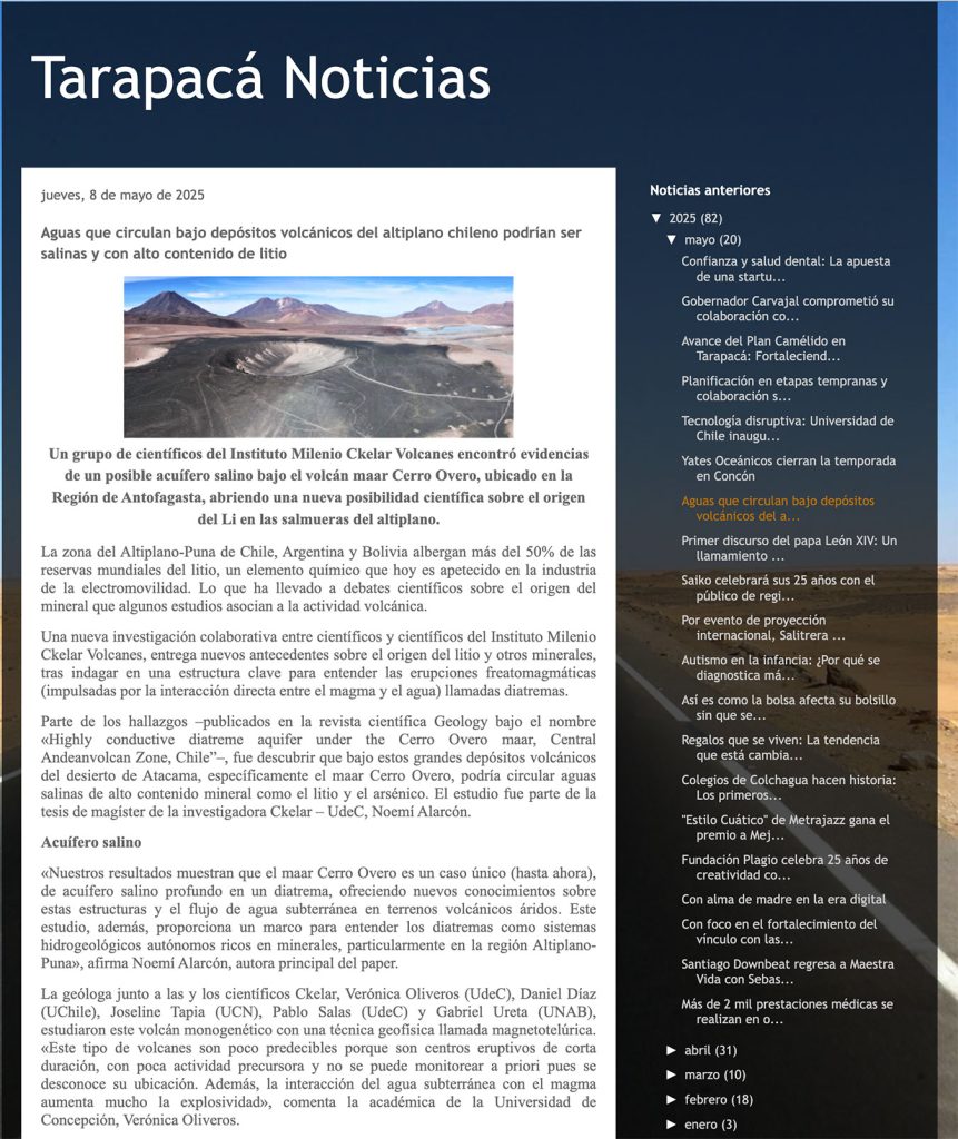 Tarapacá Noticias: «Aguas que circulan bajo depósitos volcánicos del altiplano chileno podrían ser salinas y con alto contenido de litio»